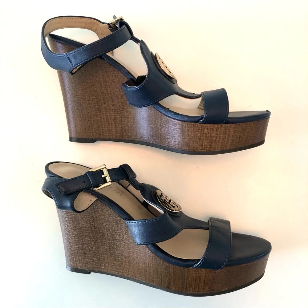 Tommy Hilfiger Navy Blue Platform Wedge Sandals Womens 7 Ankle Strap Preppy